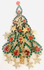 Vintage Extra Large Red Green Rhinestones Gold Christmas Tree Pin Brooch picture