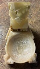 Vintage Hand Carved & Etched Green Onyx Stone Totem Tiki Aztec Trinket Dish picture