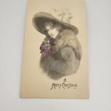 Postcard, A Merry Christmas, Vintage Lady Big Hat, Posted 1912 picture