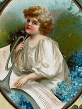 Antique Early 1900s Ephemera Valentine Postcard Angel Boy Forget-me-Nots Trumpet picture