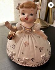 Vintage 1950’s Girl Planter Wearing White Dress Gold Bows & Roses picture