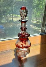Vintage Bohemian Ruby Red Etched Glass PerfumeCologne Bottle & Stopper Grapevine picture