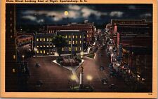 Spartanburg SC Main Street Night Vintage Linen Postcard picture