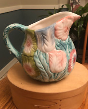 Vintage Teal Ceramic Raised Relief Floral Pitcher Marked ND - Flowers Tulips picture