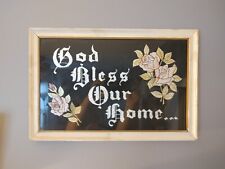 Vintage God Bless Our Home Foil Back Mirror Glass Sign Plaque FLORAL Religious picture