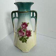 Vintage Czech Porcelain Ceramic Bud Vase 5 1/4” Czechoslovakia Roses 2 Handles picture