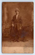 Young Man Studio Portrait with Chair Hat Edwardian Fashion RPPC Postcard c.1911 picture