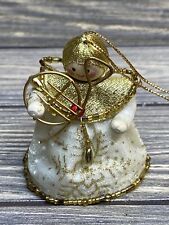Vintage Christmas Ornament Homemade Angel White Robe Down Gold Trim 3” ￼ picture