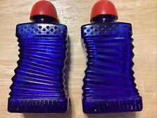 Old Vintage Cobalt Blue Glass Salt And Pepper Shakers With Red Lid Art Deco Wave picture