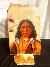 Captivating Painting Of A Native American Chief On Marble Slab w/Base Signed picture