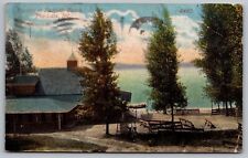 Pavilion Bluffside Beach Pine Lake Indiana Birds Eye View WOB Vintage Postcard picture