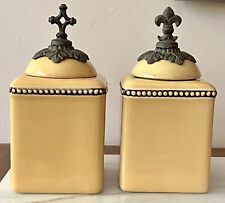 2 Gracious Goods Acanthus Leaf Gold tone 7.5” Canister/Cookie Jar w/ Lid Pair picture