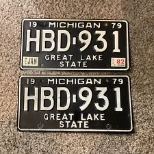 1979 Michigan License Plates matched pair Jan 82 Tags black “Great Lakes State” picture