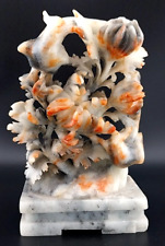 Carved Stone Sculpture Birds in Flower Bush Orange & Gray 6
