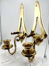 Pair Vintage Mid Century Solid Brass Wall Sconces Candle Holder Rustic Colonial picture