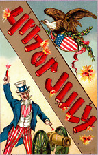Uncle Sam 4th Of July Patriotic Liberty Firecracker Eagle Cannon Postcard picture