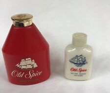 2 Vintage Old Spice Body Talcum Powders Red Plastic Bottle & Small Glass Bottle picture