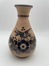 Vintage Tonala Mexican Pottery Vase SAND Texture Hand Painted Floral Bird picture