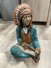 Sitting Indian Chief with Peace Pipe Large Navajo Hand painted Vtg picture