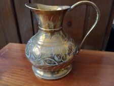 Vintage Solid Brass Etched Leaves Pitcher  India  picture