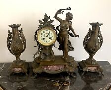 Antique French Spelter/Bronze & Marble Mantel Clock With Garnitures picture