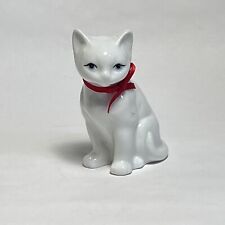 VTG Porcelain White CAT Figurine W/Red Bow, Expressive Eyes 3” picture