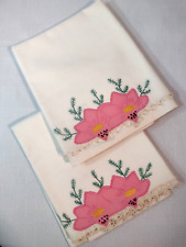 Vintage Hand Embroidered Appliquéd Pillowcases Crochet Trim Set Homemade KING sz picture