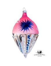 Extremely RARE Vtg Corning Pink &Blue w/White Mica Teardrop Glass Ornament picture
