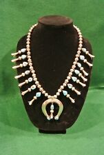 VINTAGE OLD PAWN STERLING SILVER TURQUOISE SQUASH BLOSSOM NECKLACE 23.5” 206 gr picture