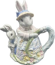 VTG Fitz & Floyd Bunny Hollow Tea Pot W/ Lid Rabbits WATERING HER GARDEN 30oz picture