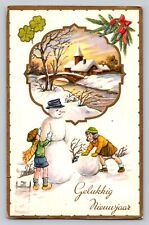 Vintage Snowman Children Make House Pipe  New Year P507A picture