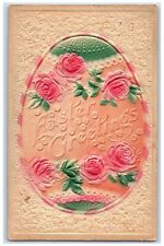 1910 Easter Greetings Egg Roses Flowers Airbrushed Embossed Antique Postcard picture