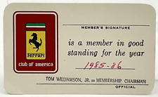 Vintage Ferrari Club of America Member in Good Standing Card 1985-86 picture