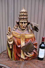 Antique XL 19thc Wood carved polychrome statue bust saint pope gregory rare picture