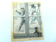 Vintage 1930's Christmas Card Scottie Dog Watching Boy and Snowman C325 picture