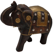 Vintage Wood and Brass Elephant Statue Hand Carved India 7.25