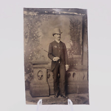 Antique Old Tintype Photo of Very Dapper Gentleman Holding Cane Top Hat picture