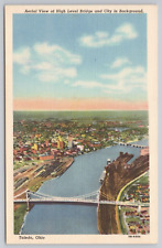 Postcard Aerial View High Level Bridge & City, Toledo, Ohio Vintage Linen picture