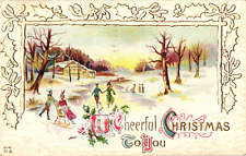 1912 Ice Skating CHEERFUL CHRISTMAS TO YOU Embossed Postcard picture