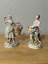 Antique Dresden Carl Thieme Man Woman Flowers Porcelain 6” Figurines picture