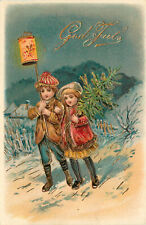 Embossed Norway Christmas Postcard Children God Jul Children & Japanese Lantern picture