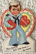 Unused Valentine Sailor Boy Navy Two Hearts Love Vtg Greeting Card 1930s 1940s picture