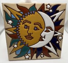 Vintage Earthtones Boho Celestial Astrology Sun & Moon Ceramic Art Tile Trivet picture
