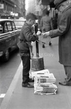 Orig 1960's Film NEGATIVE Sidewalk Scene w Young Newsboy Selling Papers Boston picture