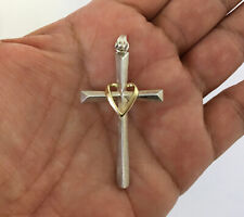 Vintage .925 Sterling Silver & 14K Yellow Gold LOVE-FAITH Cross Pendant 4.8g picture