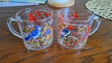 TWO Vintage Bird Glasses Coffee Tea Mug Arcoroc France Cardinal Blue Jay Oriole picture