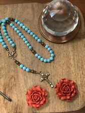 Natural Gemstones Turquoise Magnesite Prayer Beads Bronze Enamel Crucifix Cross picture