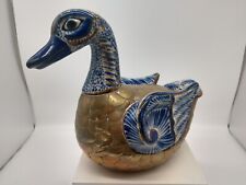 Vintage Mexican Tonala Duck Hand Painted Glazed Ceramic Pottery Brass Bird picture