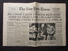 1945 THE NEW YORK TIMES REPRINT Newspaper Feb 13 VG 4.0 Big Three Doom WW II 2 picture
