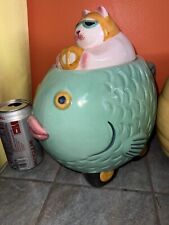 1993 Clay Art CAT RACER on FISH Cookie Jar HAS A CRACK & CHIP See Pictures AS-IS picture